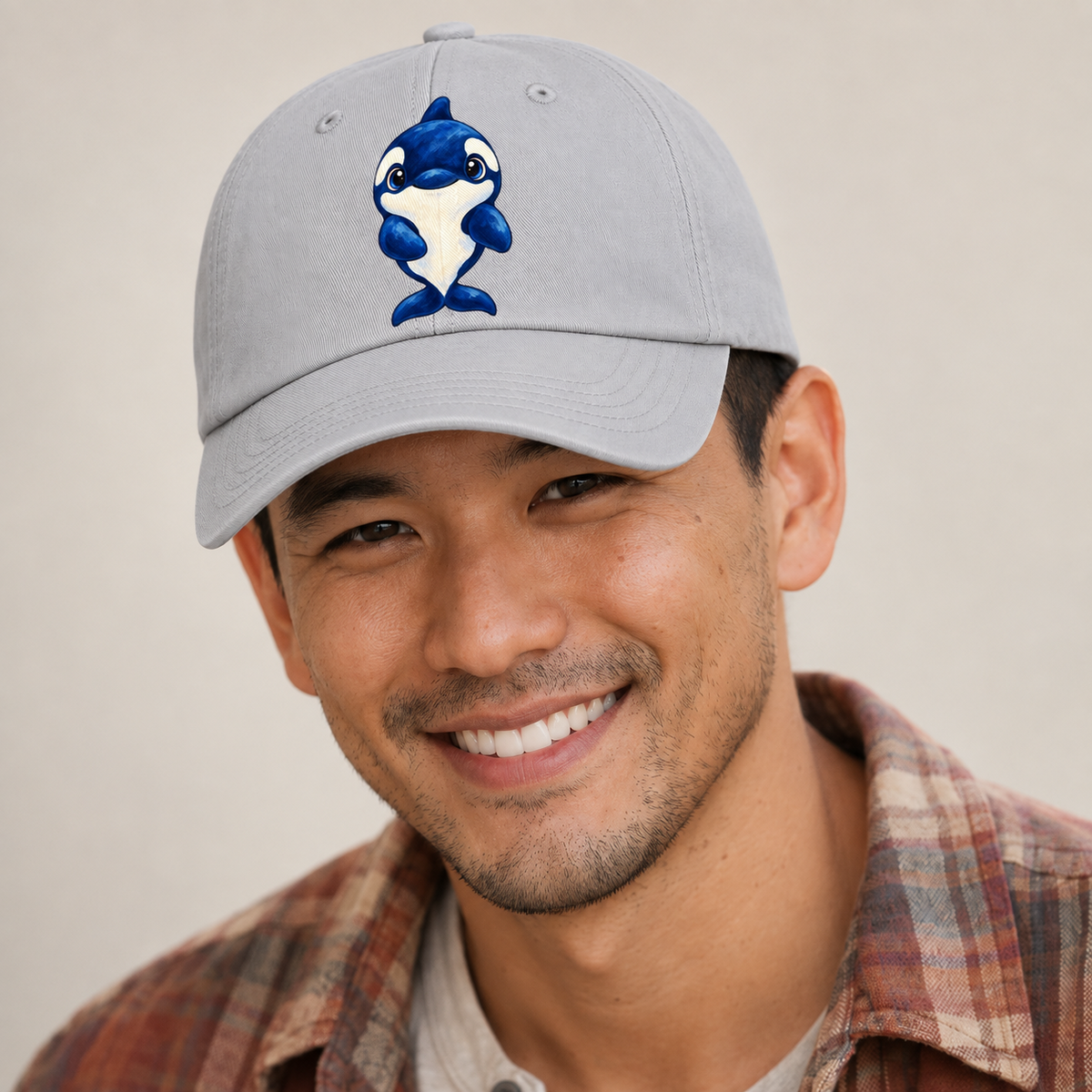 Orca Front Splash Sea Sprite Baseball Cap — studio model wearing the hat