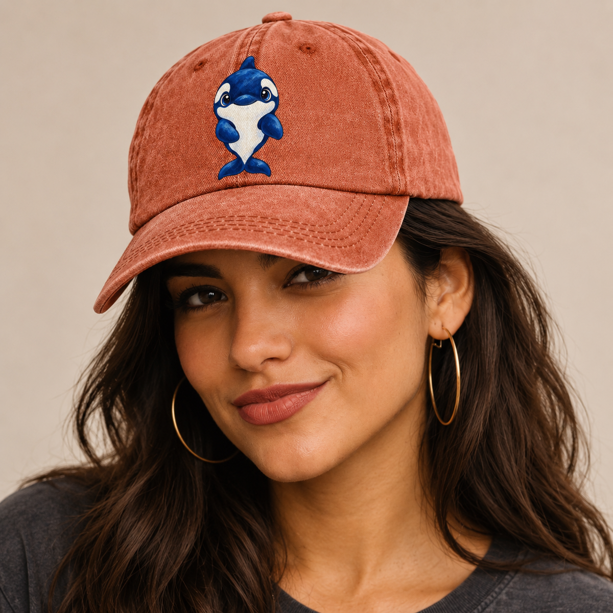 Orca Front Splash Sea Sprite Classic Cap — studio model wearing the hat
