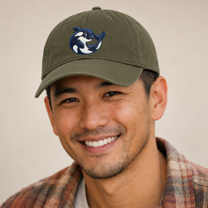Orca Moon Curl Sea Sprite Baseball Cap — studio model wearing the hat
