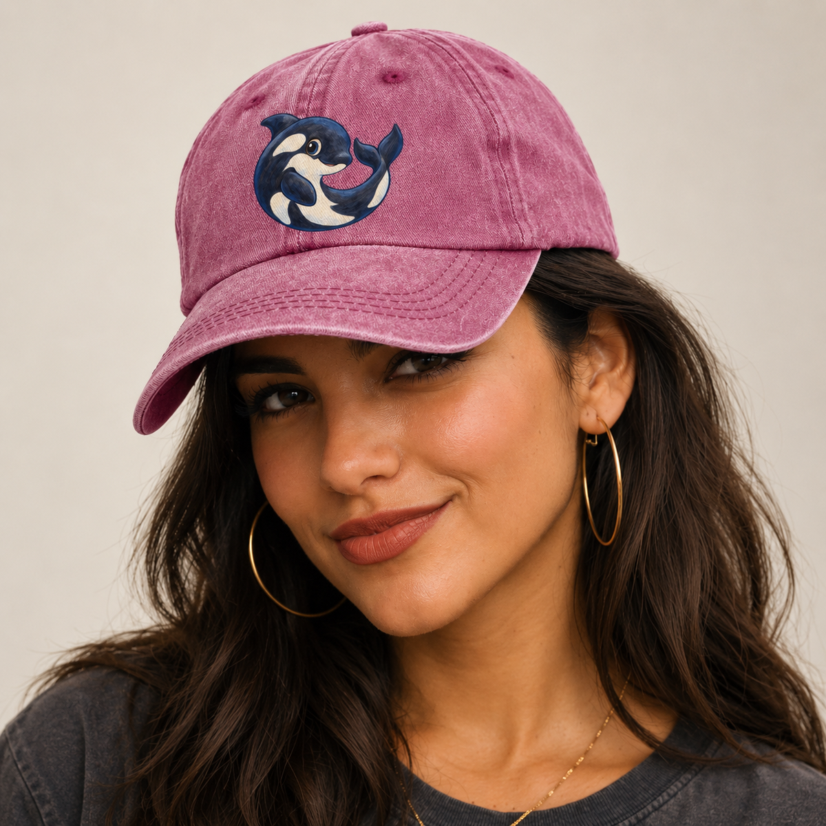 Orca Moon Curl Sea Sprite Classic Cap — studio model wearing the hat