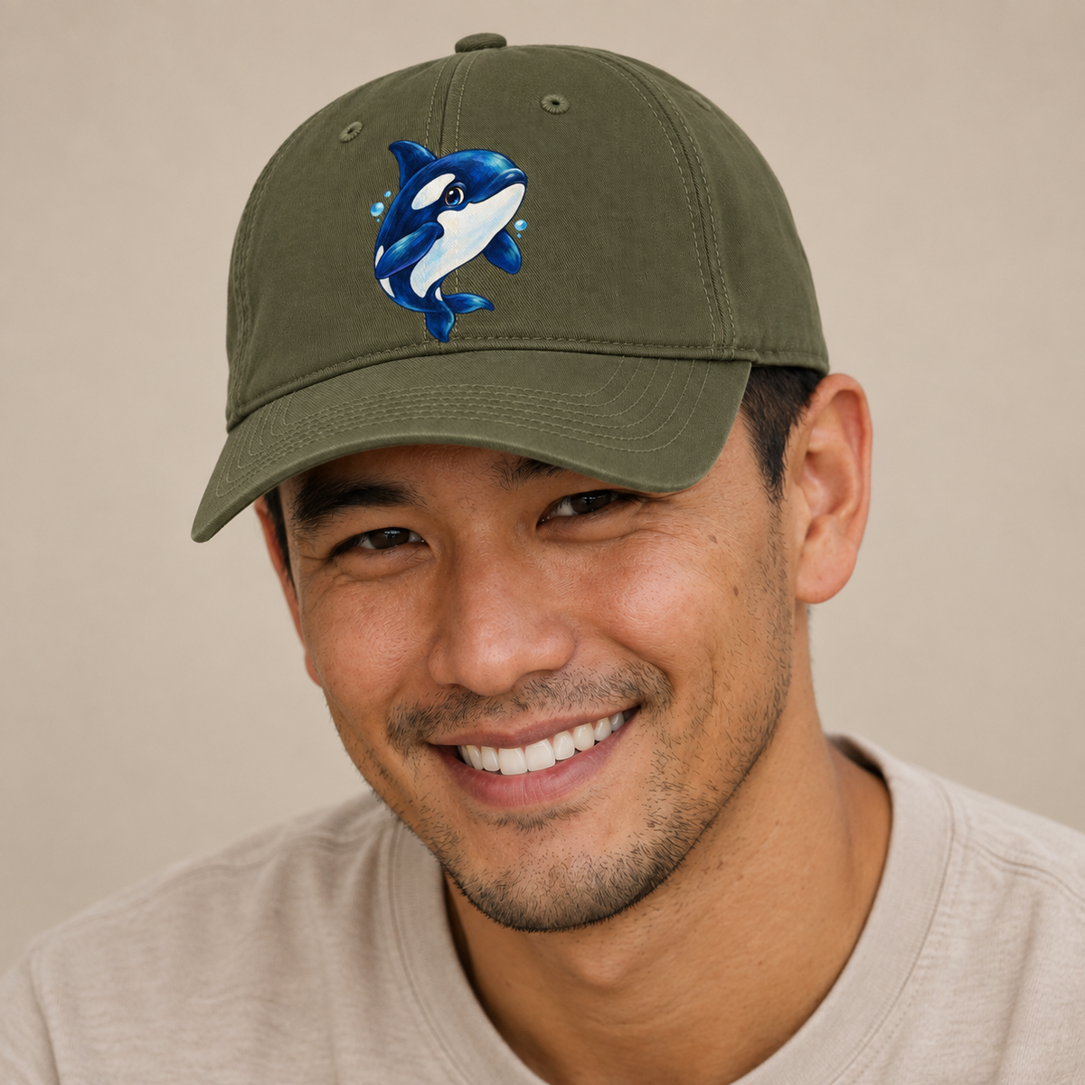 Orca Three Quarter Glide Sea Sprite Baseball Cap — studio model wearing the hat