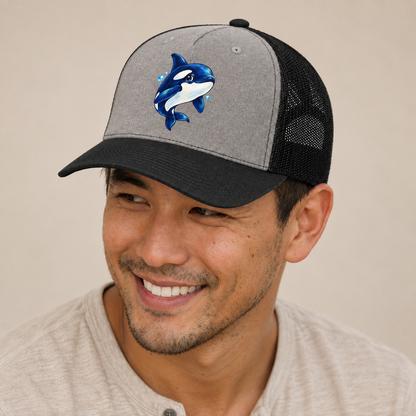 Orca Three Quarter Glide Sea Sprite Trucker Hat — studio model wearing the hat