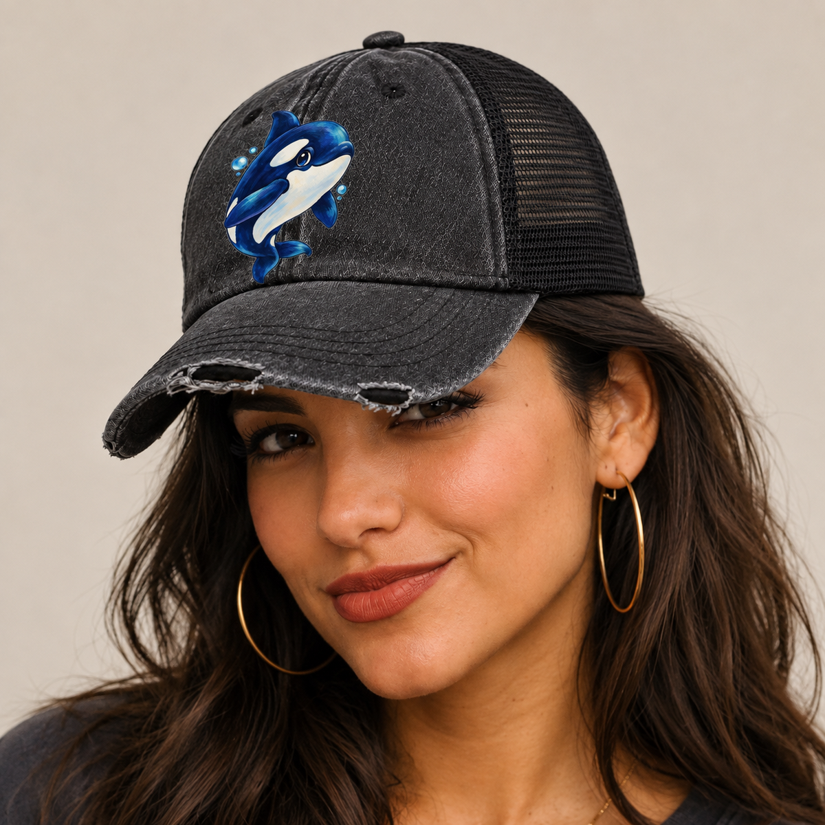 Orca Three Quarter Glide Sea Sprite Washed Trucker Hat — studio model wearing the hat