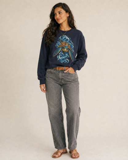 Ornate Sea Turtle Fleece Sweatshirt – studio model photo