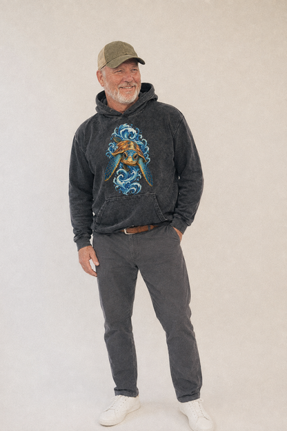 Ornate Sea Turtle Vintage Washed Hoodie – studio model photo