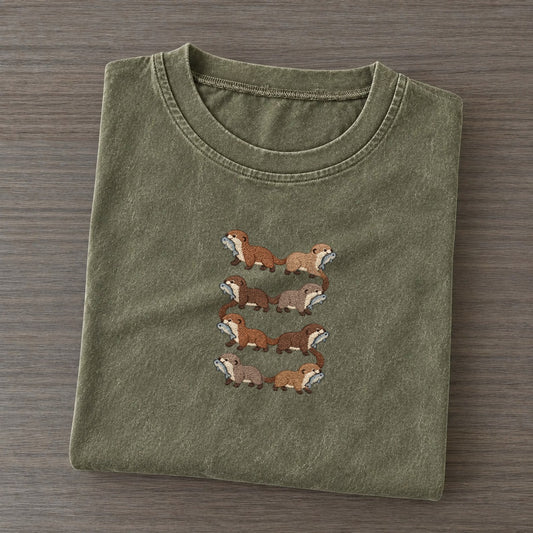 Otters With Fish Single File Vintage T-shirt – Army Green
