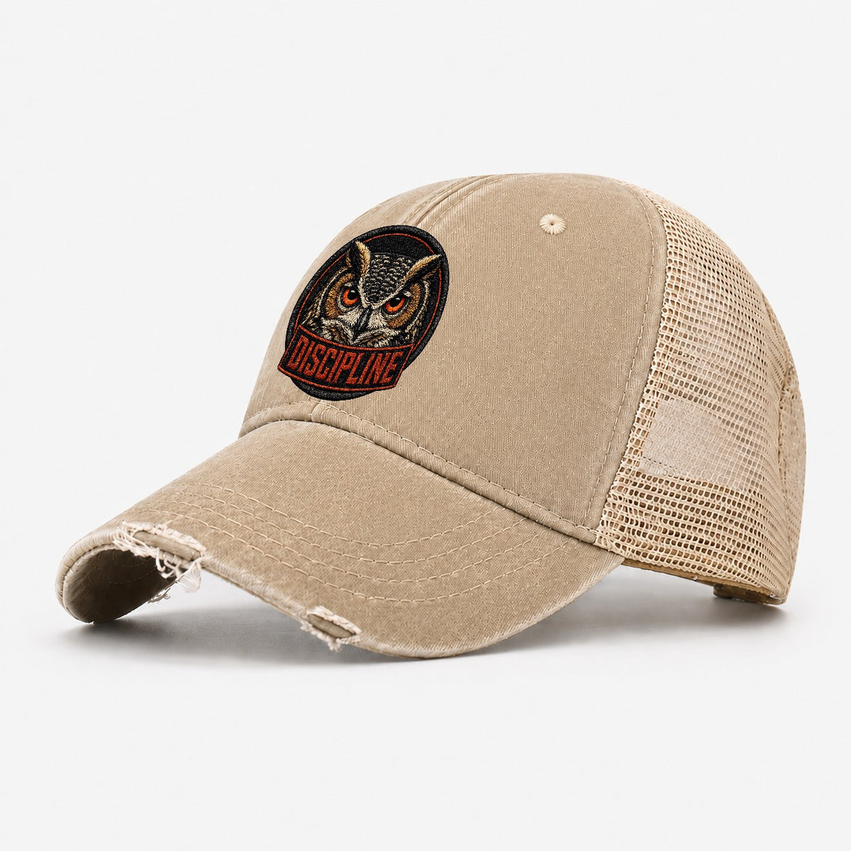 Owl Discipline Badge Washed Trucker Hat – Khaki