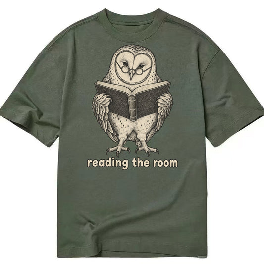 Owl Reading The Room Unbothered Creatures Classic T-shirt – Army Green