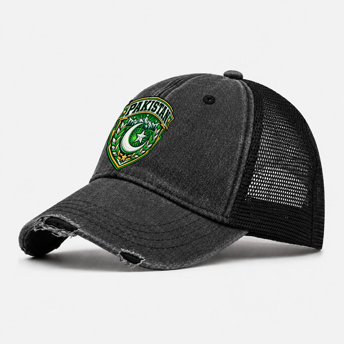 Pakistan Retro Badge Country Logos Washed Trucker Hat – Black