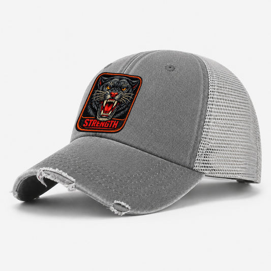 Panther Strength Badge Washed Trucker Hat – Grey