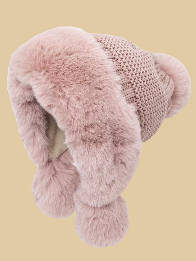 Thicken Bomber Hats New Style Women Fur Ball Plus Velvet Warm Hood Outdoor Winter Cold-Proof Fashion Cute Woolen Cap