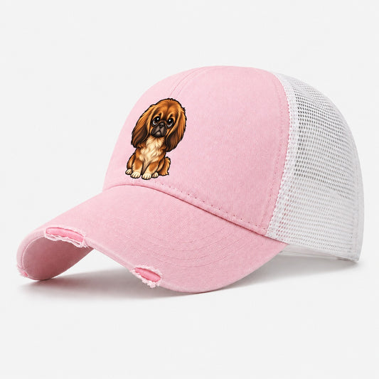 Pekingese Sitting Sweetheart Washed Trucker Hat – Light Pink