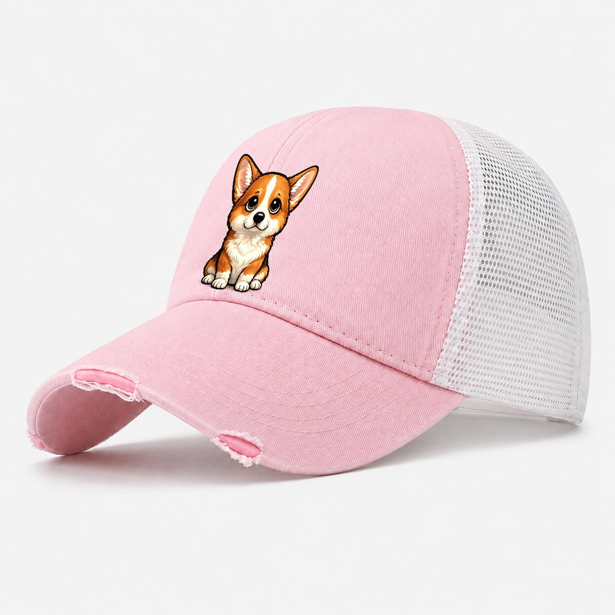 Pembroke Welsh Corgi Sitting Sweetheart Washed Trucker Hat – Light Pink