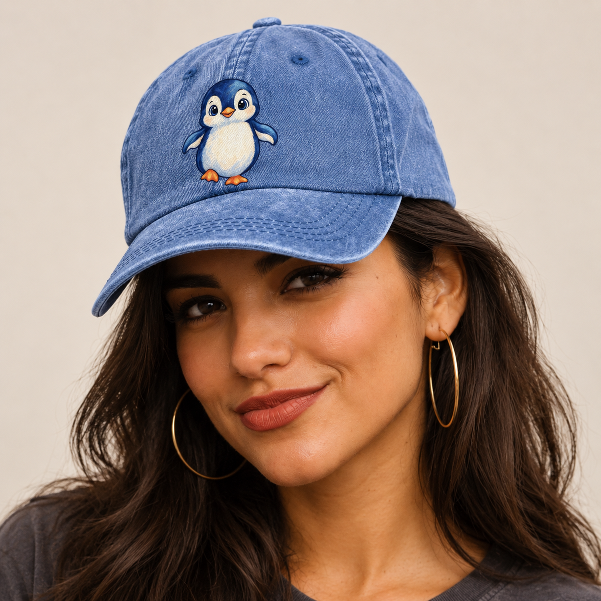 Penguin Front Waddle Sea Sprite Classic Cap — studio model wearing the hat
