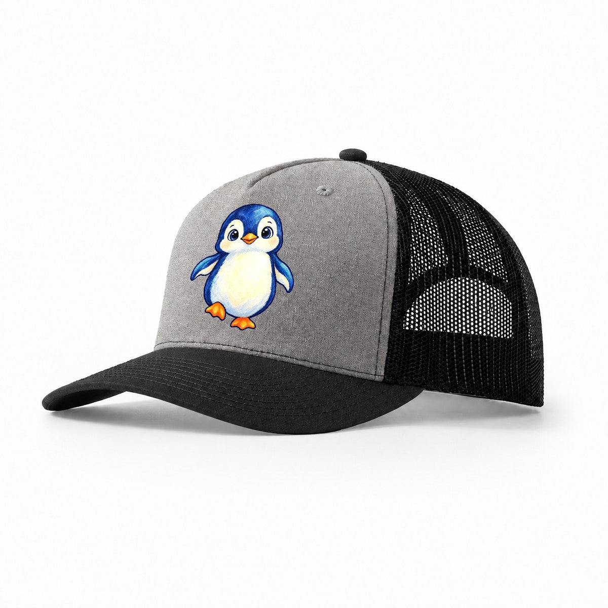 Penguin Front Waddle Sea Sprite Trucker Hat – Grey Black