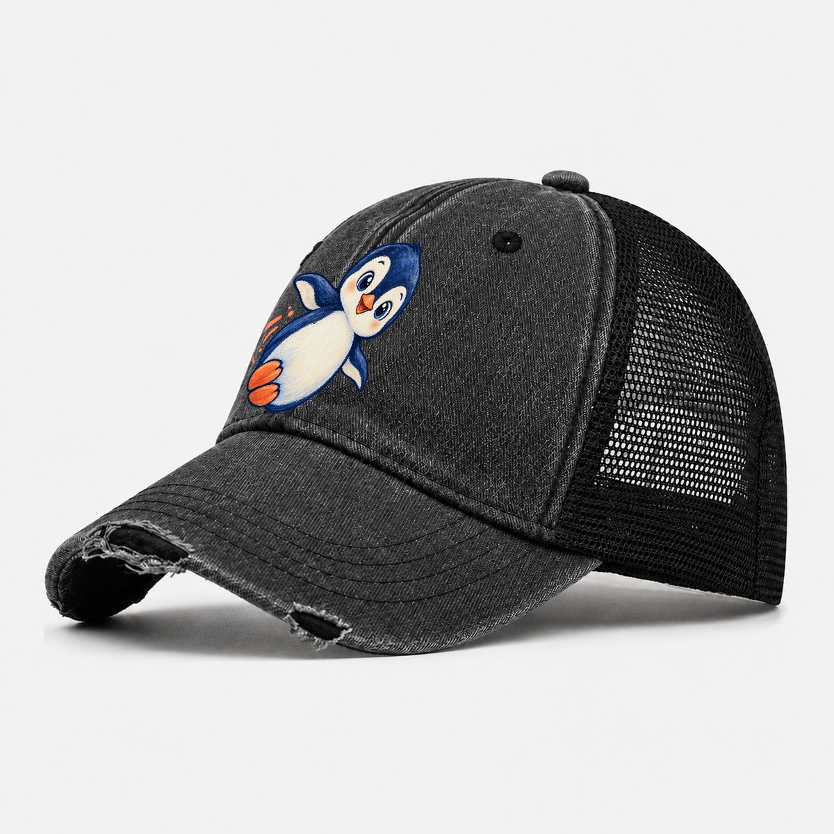 Penguin Side Slide Sea Sprite Washed Trucker Hat – Black