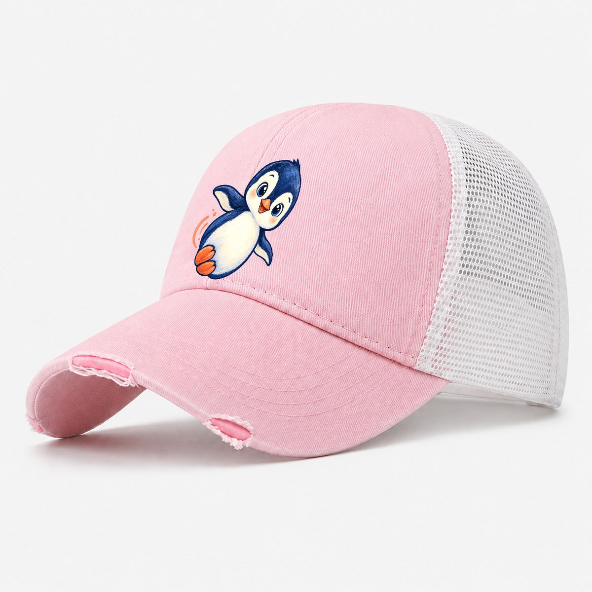 Penguin Side Slide Sea Sprite Washed Trucker Hat – Light Pink