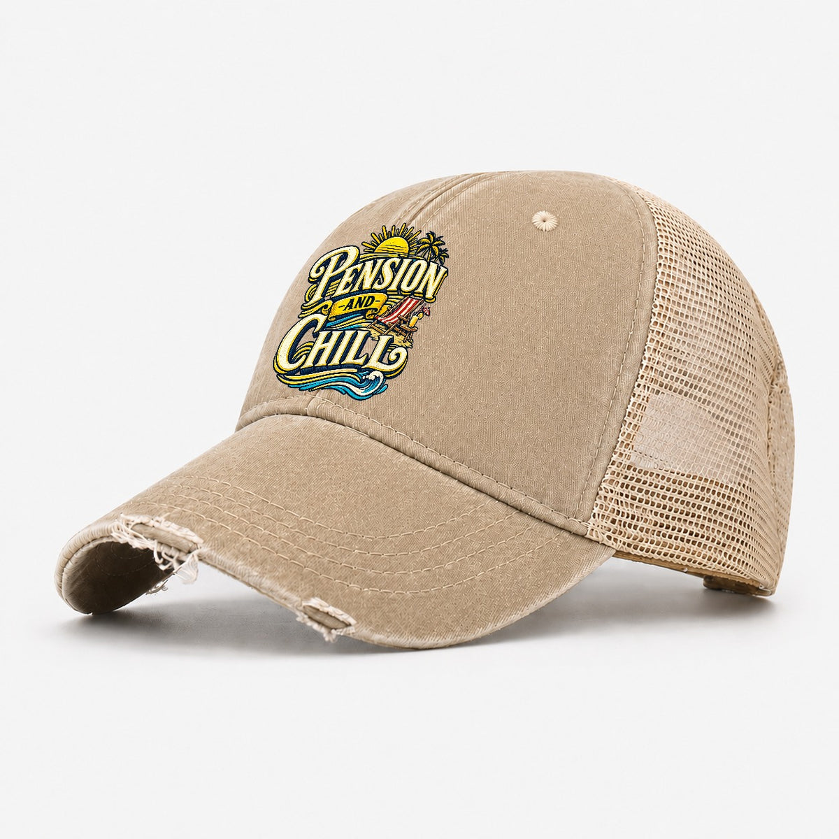 Pension And Chill Retired Living Washed Trucker Hat – Khaki