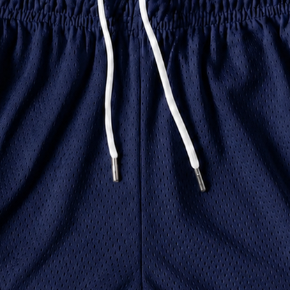 Persian Lion Arch Mesh Shorts – navy fabric close-up
