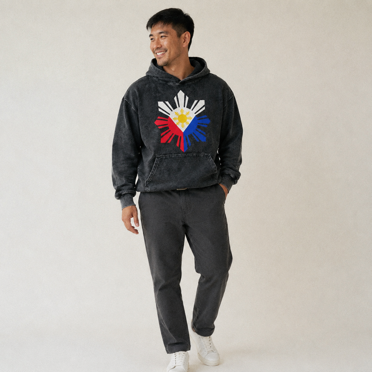 Philippines Iconic Sun And Stars Vintage Washed Hoodie – studio model photo