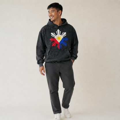 Philippines Iconic Sun And Stars Vintage Washed Hoodie – studio model photo
