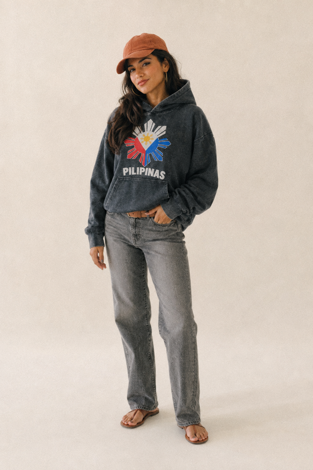 Philippines Sun Stars Vintage Washed Hoodie – studio model photo