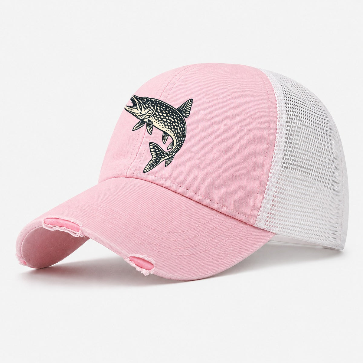 Pike Profile Fishing Elegant Washed Trucker Hat – Light Pink