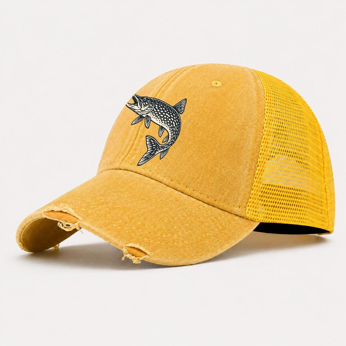 Pike Profile Fishing Elegant Washed Trucker Hat – Yellow