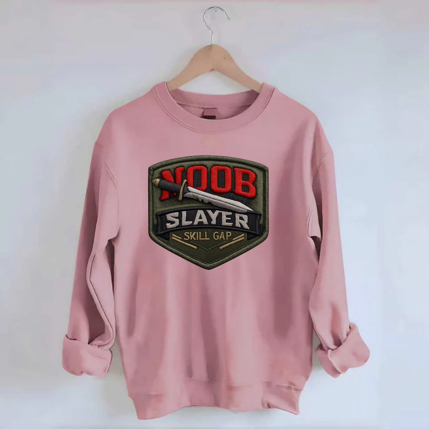NOOB SLAYER - sword through noob text in red and silver , skill gap - Crewneck Sweatshirt - pink