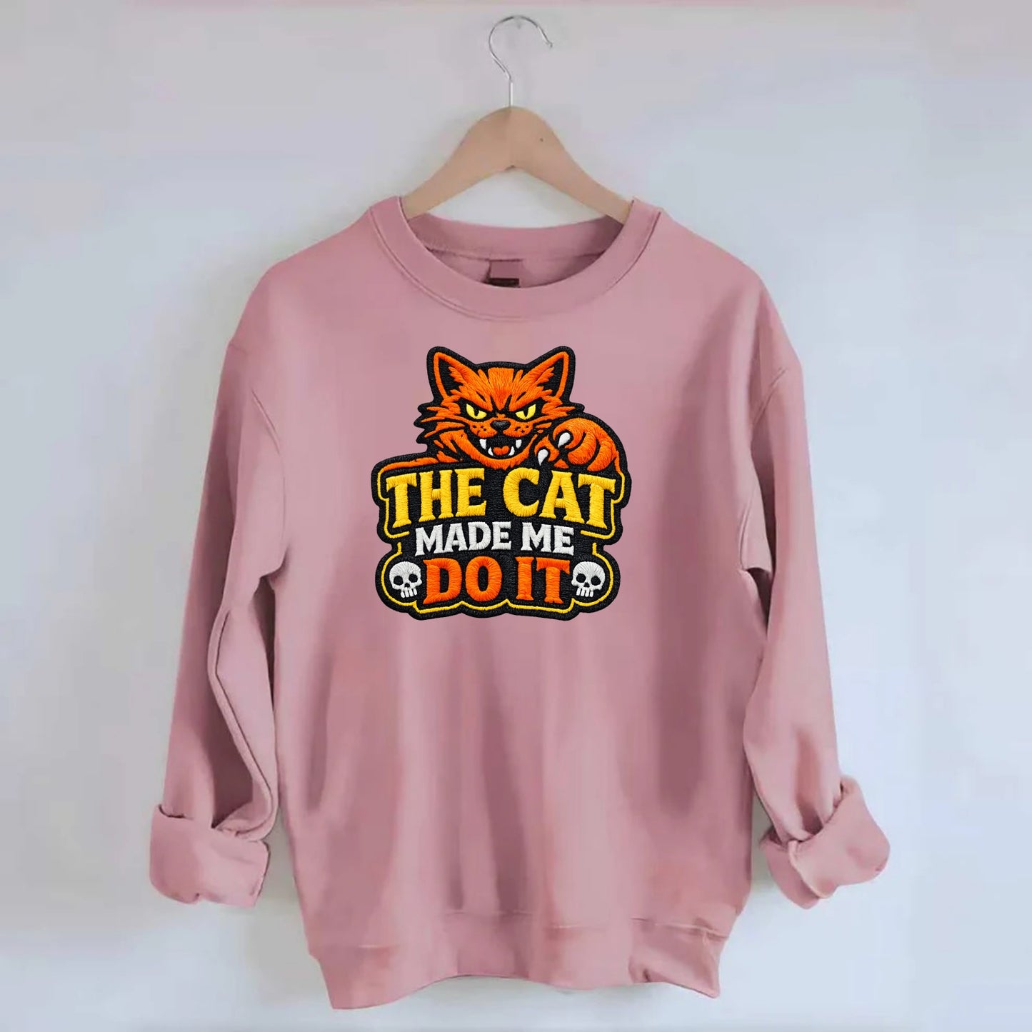 THE CAT MADE ME DO IT - mischievous cat in orange , blame the cat - Crewneck Sweatshirt - pink
