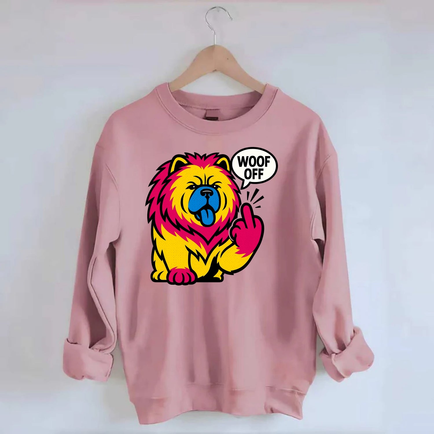 Chow Chow with lion mane and blue-black tongue, fluffy dignified paw up with - Crewneck Sweatshirt - pink