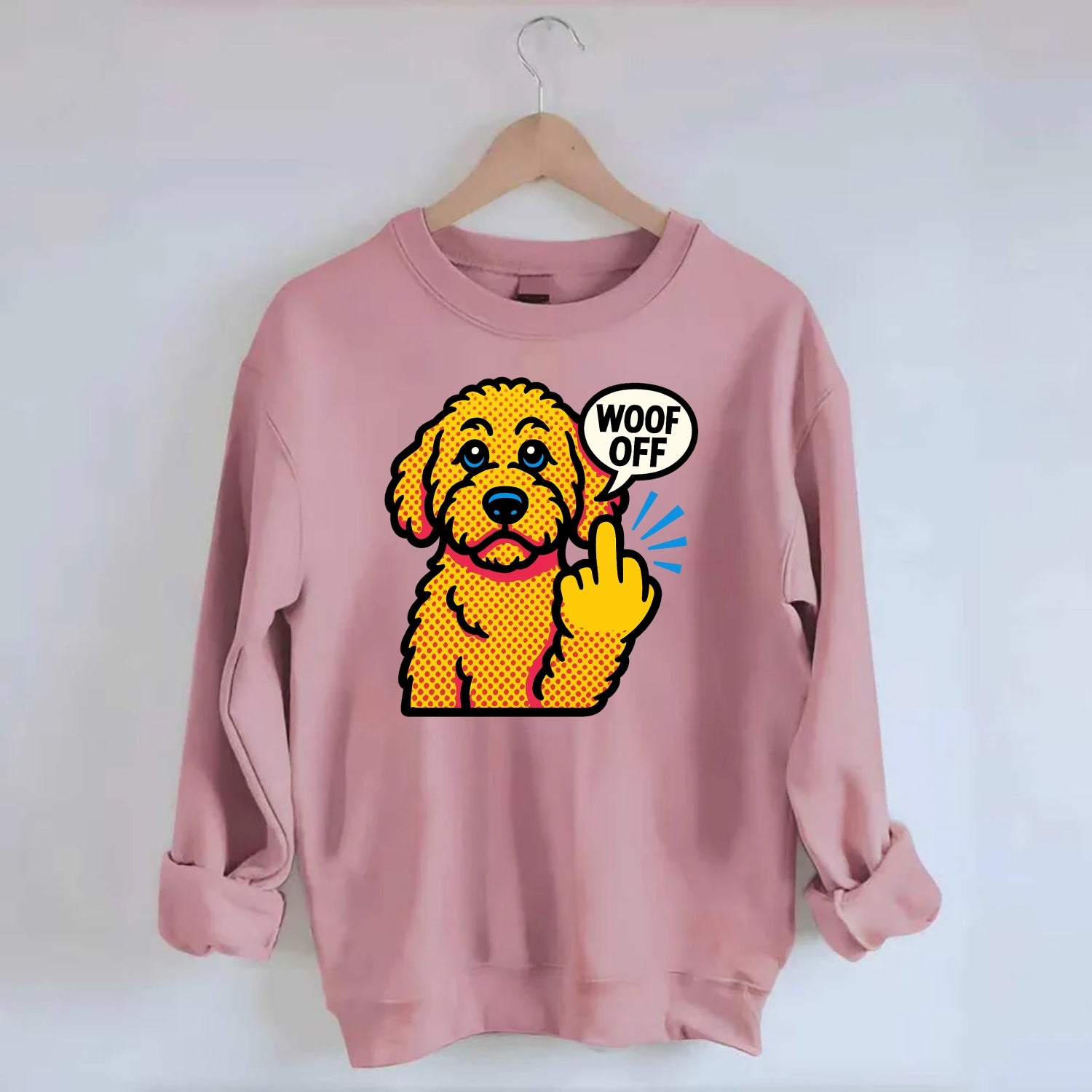 Goldendoodle with teddy bear face and curly golden coat, friendly paw - Crewneck Sweatshirt - pink