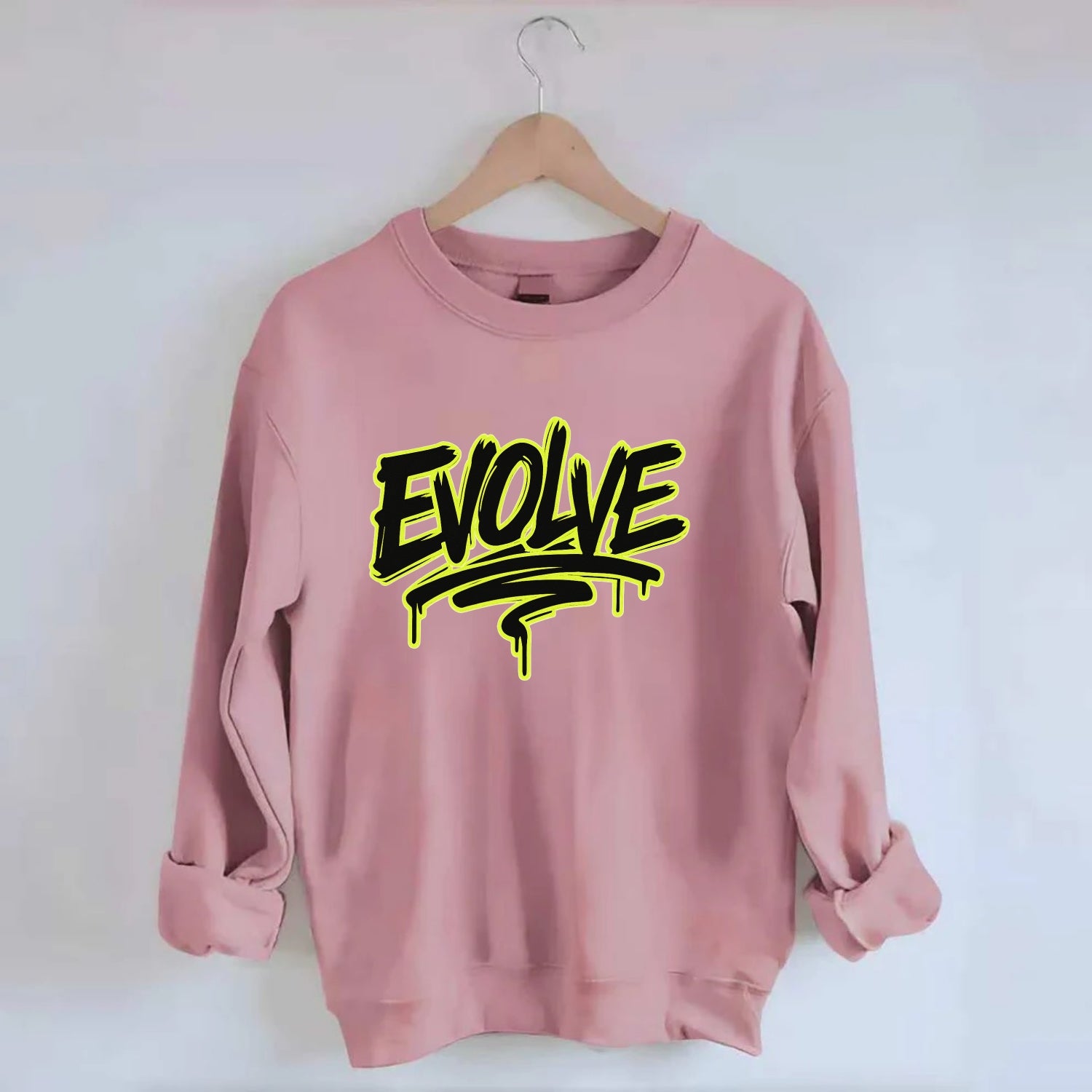 Bold typography design - "EVOLVE" - changing, becoming better - Crewneck Sweatshirt - pink