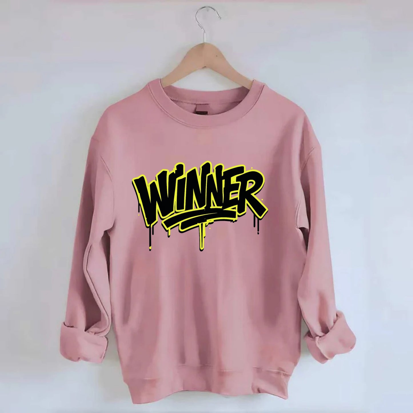 Bold typography design - "WINNER" - victorious mindset, champion - Crewneck Sweatshirt - pink