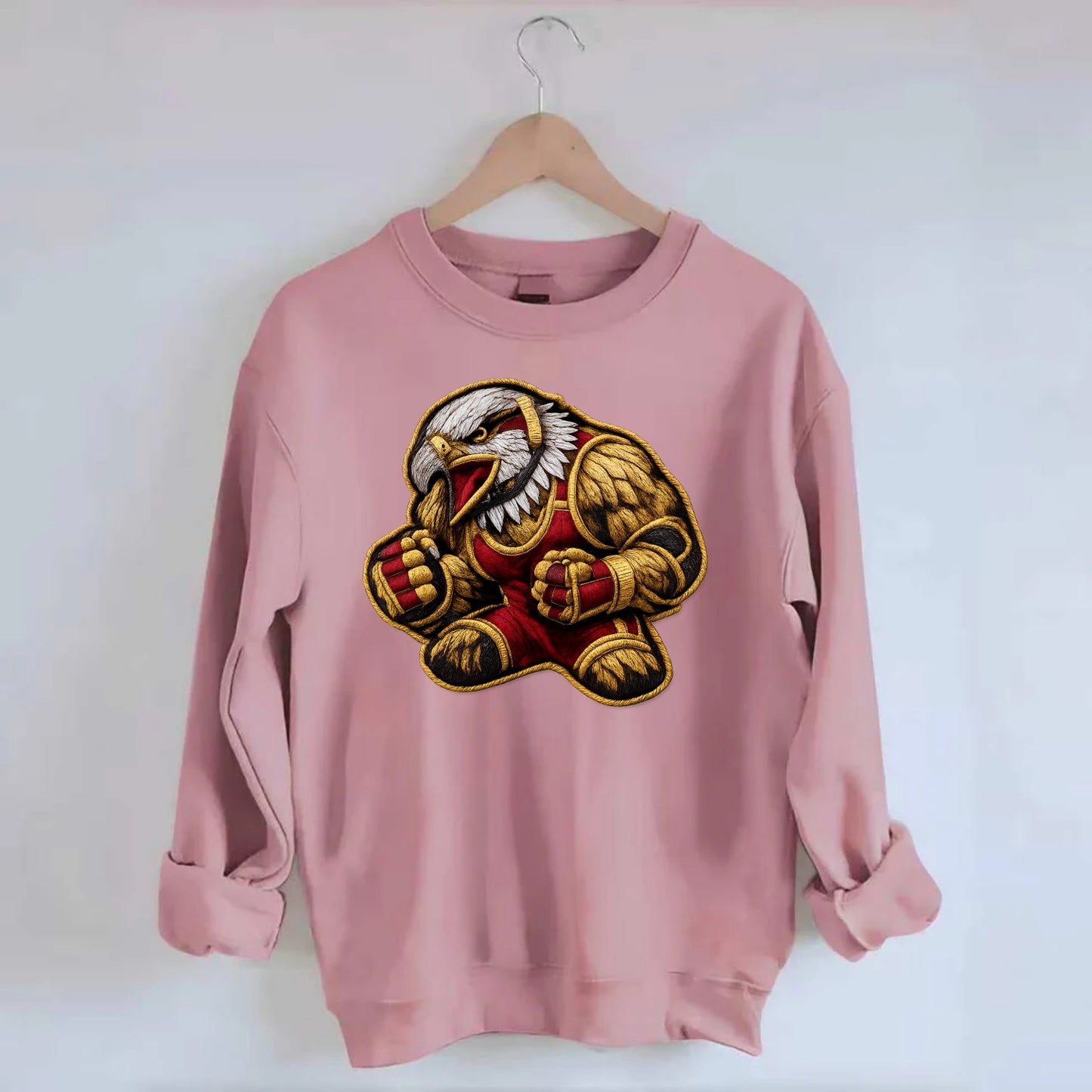 Embroidered patch design - WRESTLING EAGLE - fierce eagle with wrestling - Crewneck Sweatshirt - pink