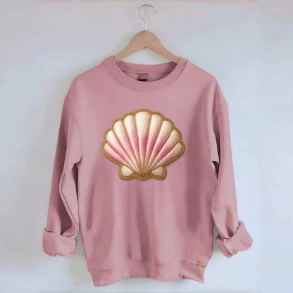 SEASHELL SCALLOP - scallop shell in cream and pink , beach - Crewneck Sweatshirt - pink