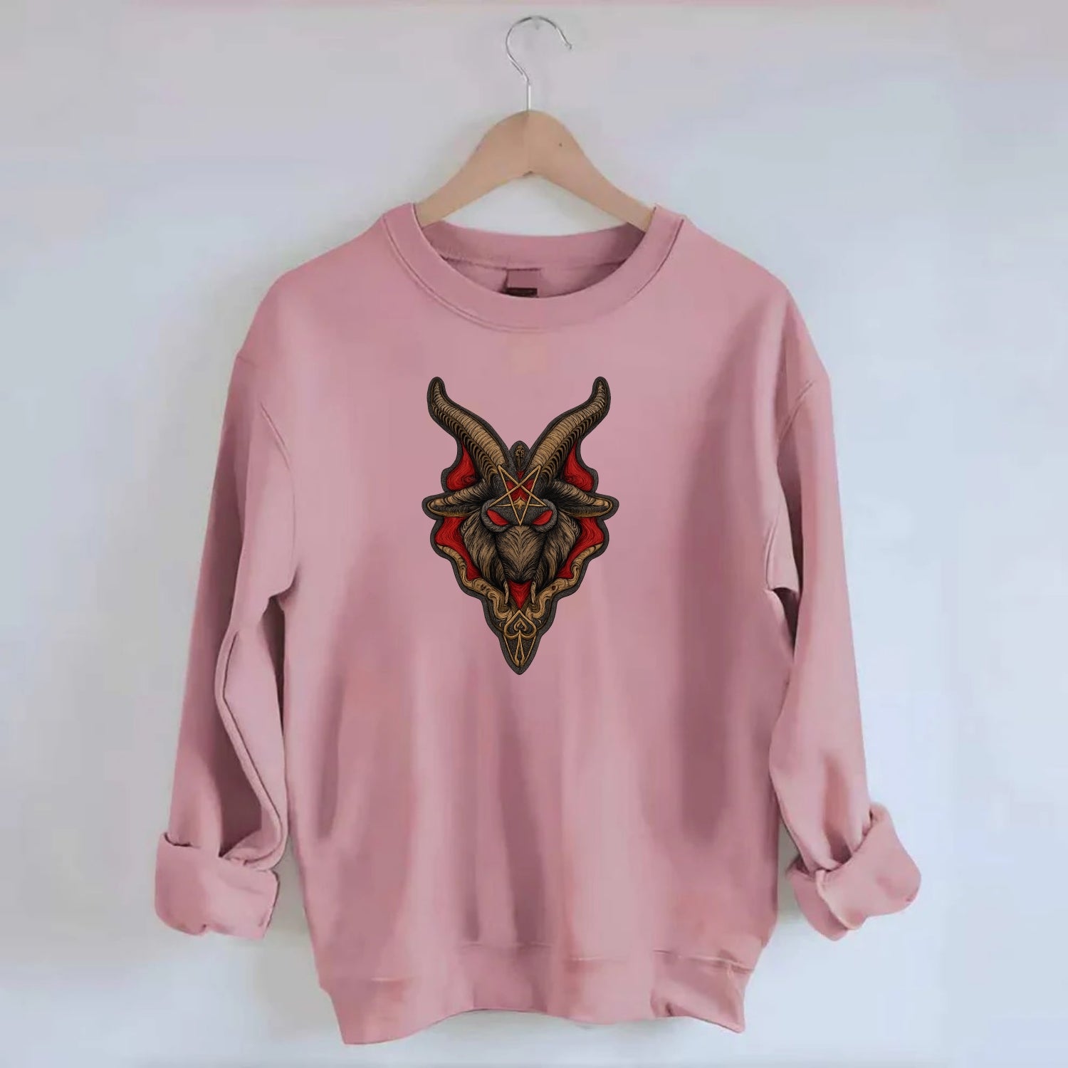 BAPHOMET HEAD - goat head symbol in black and red , occult - Crewneck Sweatshirt - pink
