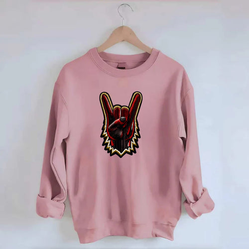 ROCK HAND HORNS - devil horns hand gesture in black and red , metal music - Crewneck Sweatshirt