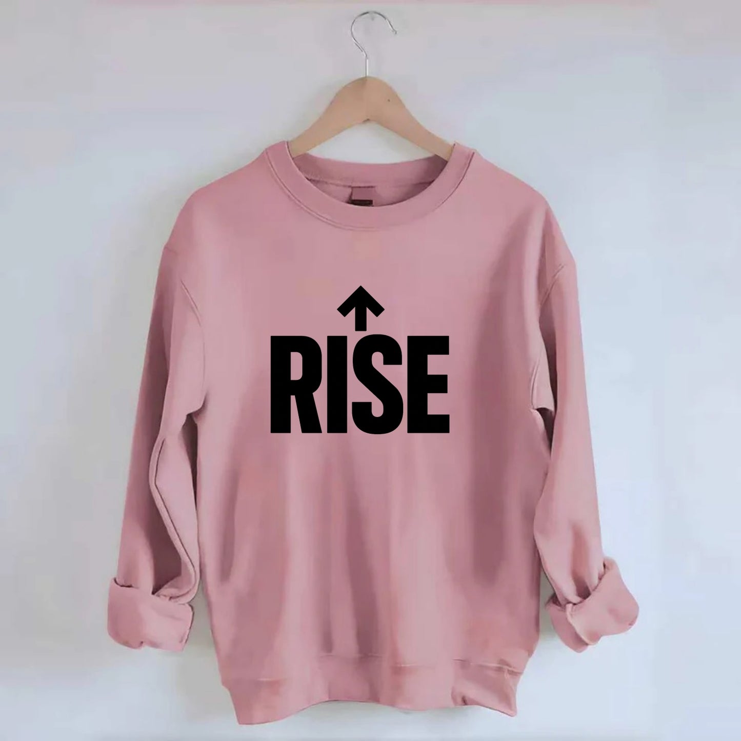 Bold typography design - "RISE" - getting up, ascending, elevating - Crewneck Sweatshirt - pink