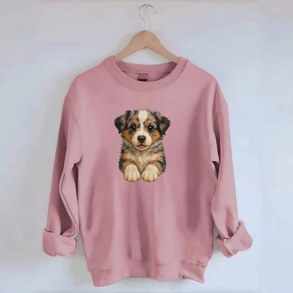 Baby Australian Shepherd Puppy - merle coat, bright eyes, fluffy, - Crewneck Sweatshirt - pink