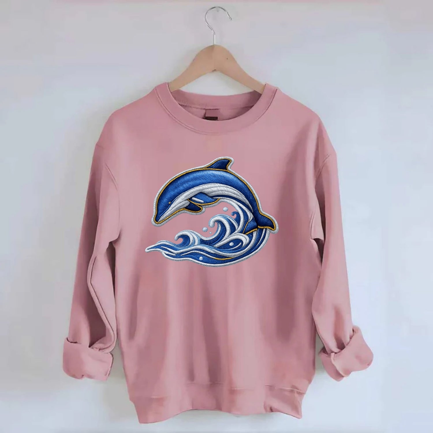 Embroidered patch design - SWIMMING DOLPHIN - diving dolphin with waves in - Crewneck Sweatshirt - pink