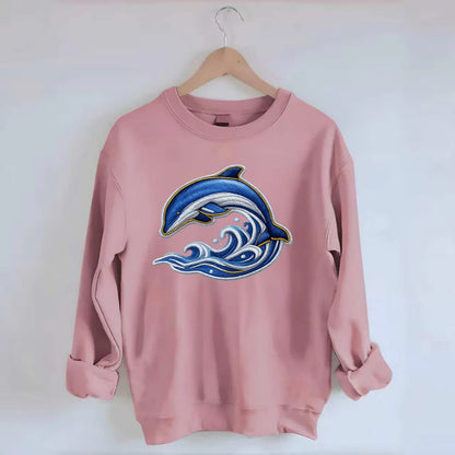 Embroidered patch design - SWIMMING DOLPHIN - diving dolphin with waves in - Crewneck Sweatshirt - pink