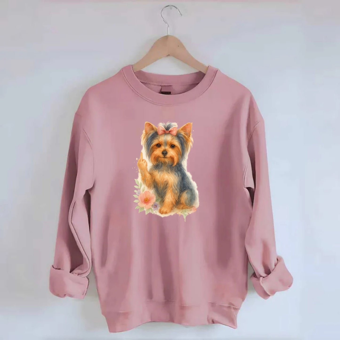 Yorkshire Terrier with topknot bow, one delicate paw flipping off - Crewneck Sweatshirt - pink