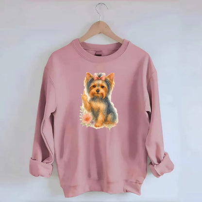 Yorkshire Terrier with topknot bow, one delicate paw flipping off - Crewneck Sweatshirt - pink