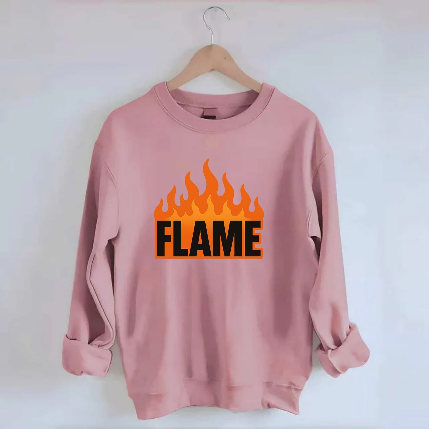 Bold typography design - "FLAME" - burning bright, passionate - Crewneck Sweatshirt - pink