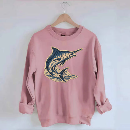 SWORDFISH MARLIN - leaping marlin in blue and silver , sport fishing - Crewneck Sweatshirt - pink