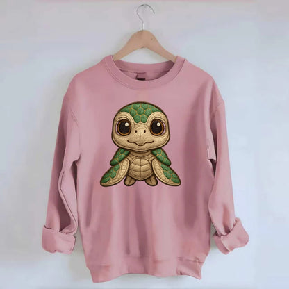 Baby Green Sea Turtle - emerald shell, large innocent brown eyes, tiny - Crewneck Sweatshirt - pink