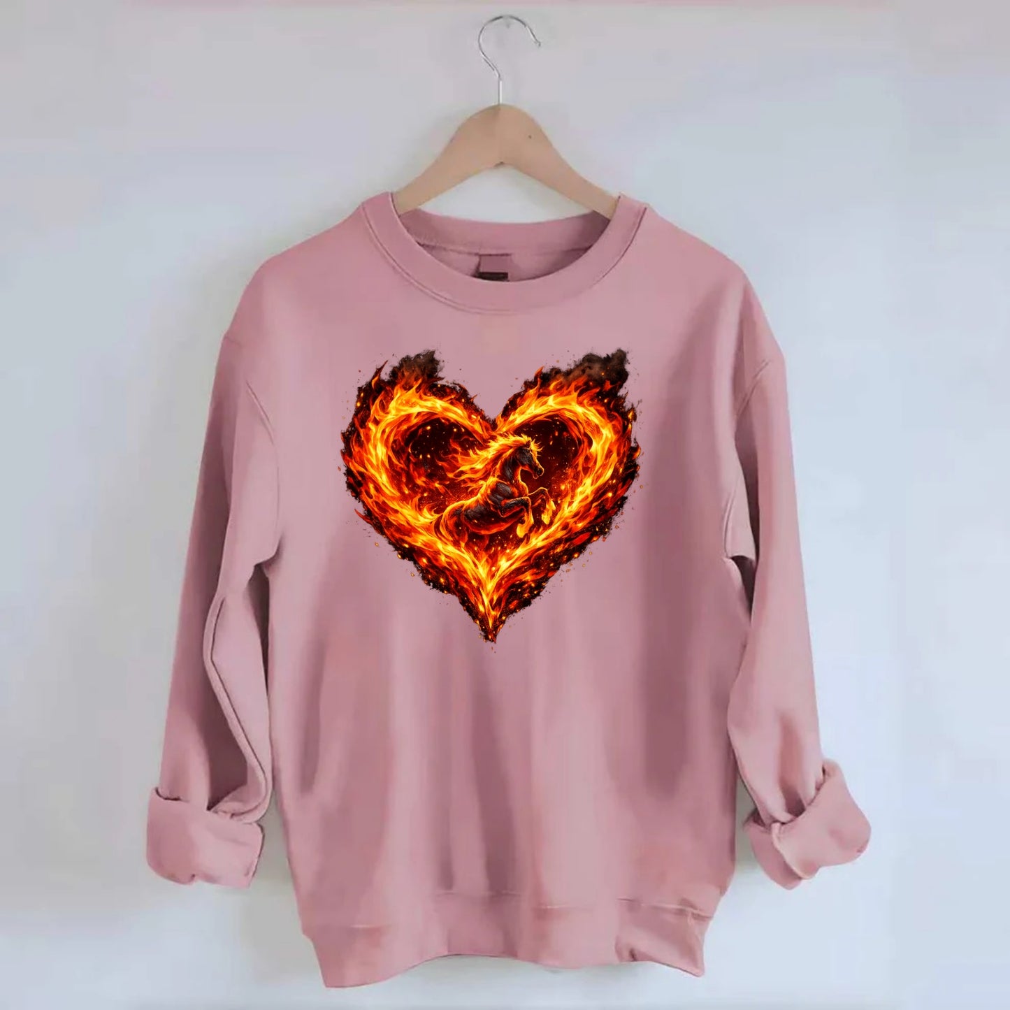 HEART OF FIRE | Flaming heart with horse silhouette inside | Passion embodied - Crewneck Sweatshirt - pink