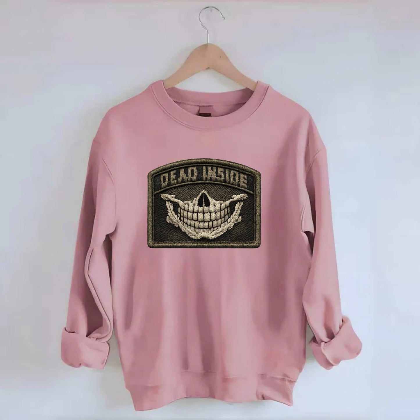 DEAD INSIDE SMILE - skeleton smile in white , dark humor - Crewneck Sweatshirt - pink