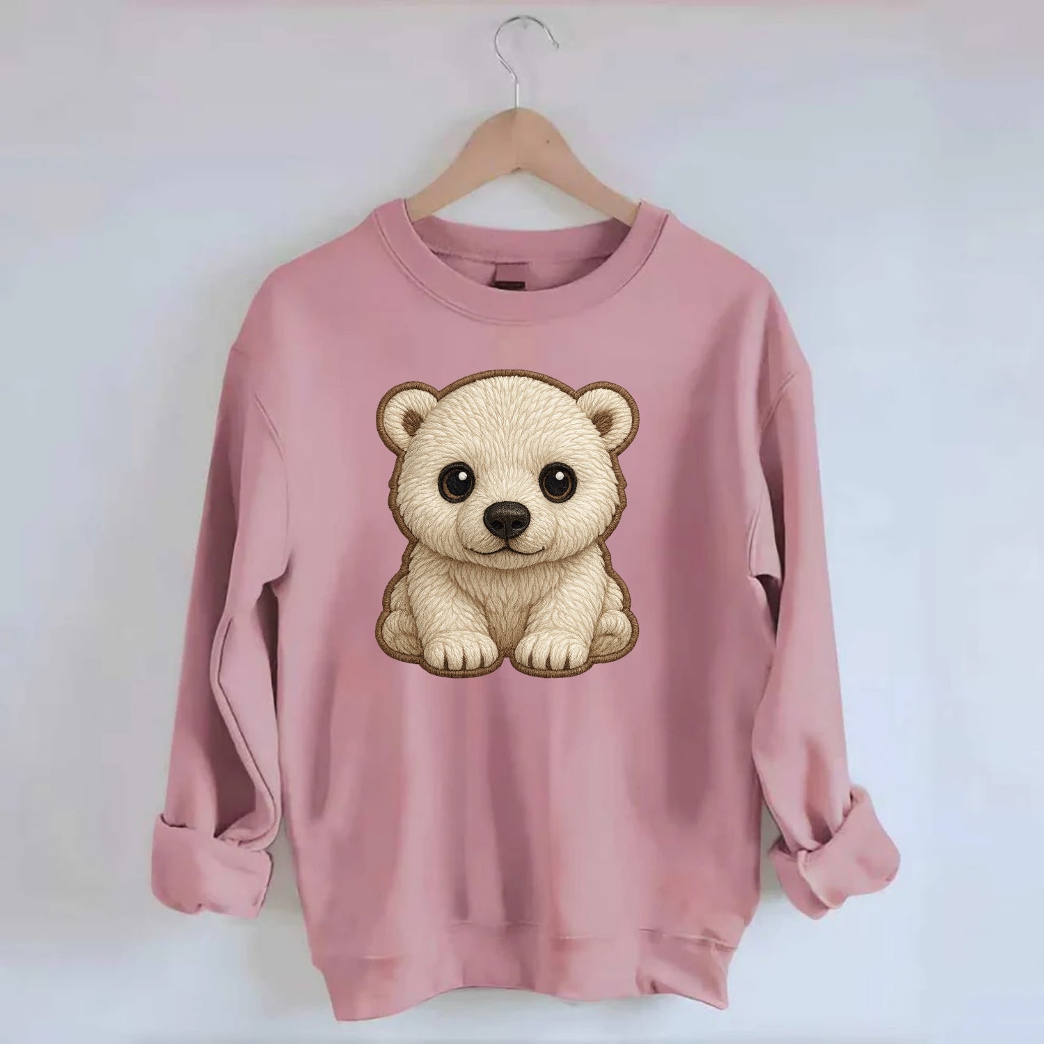 Baby Polar Bear Cub - white fluffy, black nose, dark curious eyes, - Crewneck Sweatshirt - pink
